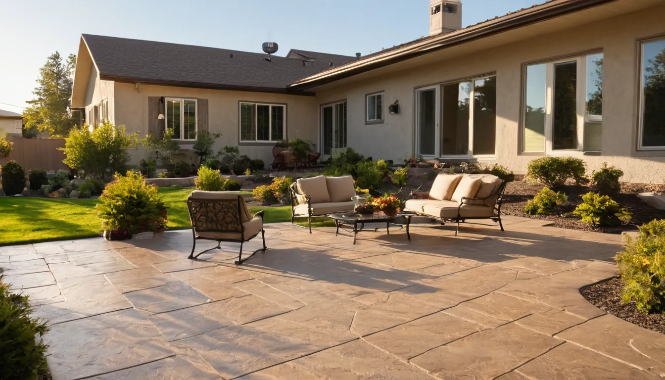 Finished stamped concrete patio behind a stucco ranch home in the Woodside area with outdoor seating and a gentle slope
