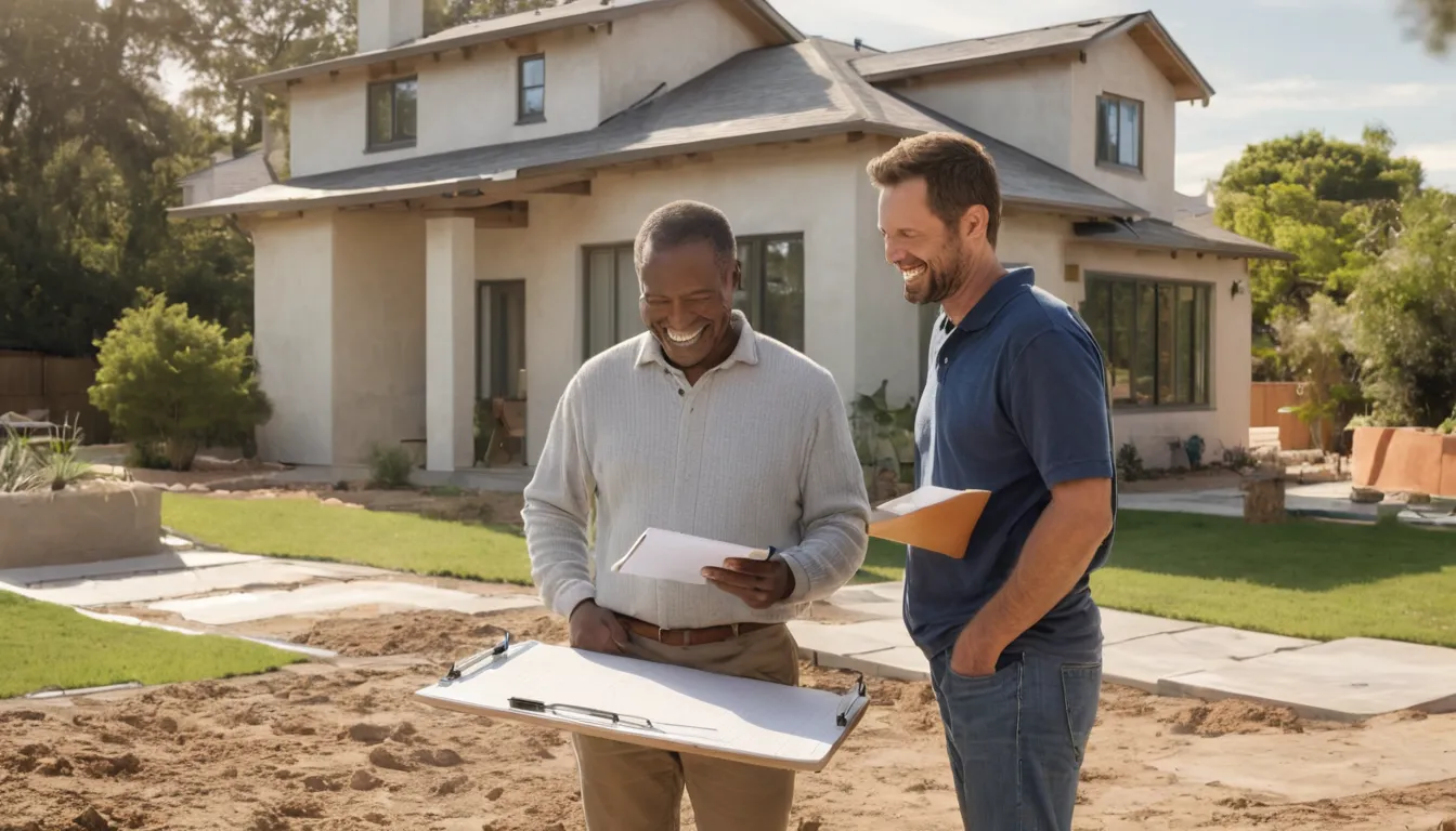 A homeowner reviewing a concrete patio plan with a local provider in the Woodside area